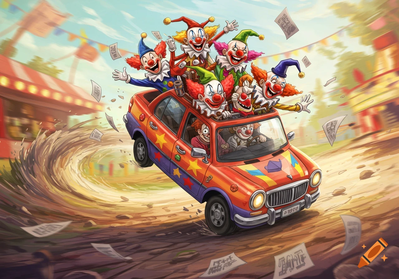 A colorful clown car with many clowns spilling out, driving fast in circles, with papers flying, in a cartoon style.