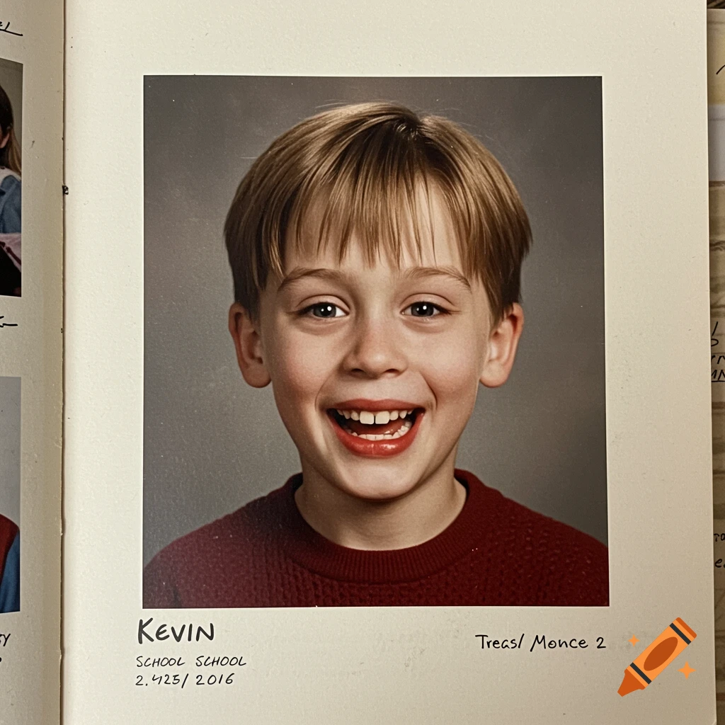 Photorealistic yearbook photo of a young boy named Kevin smiling