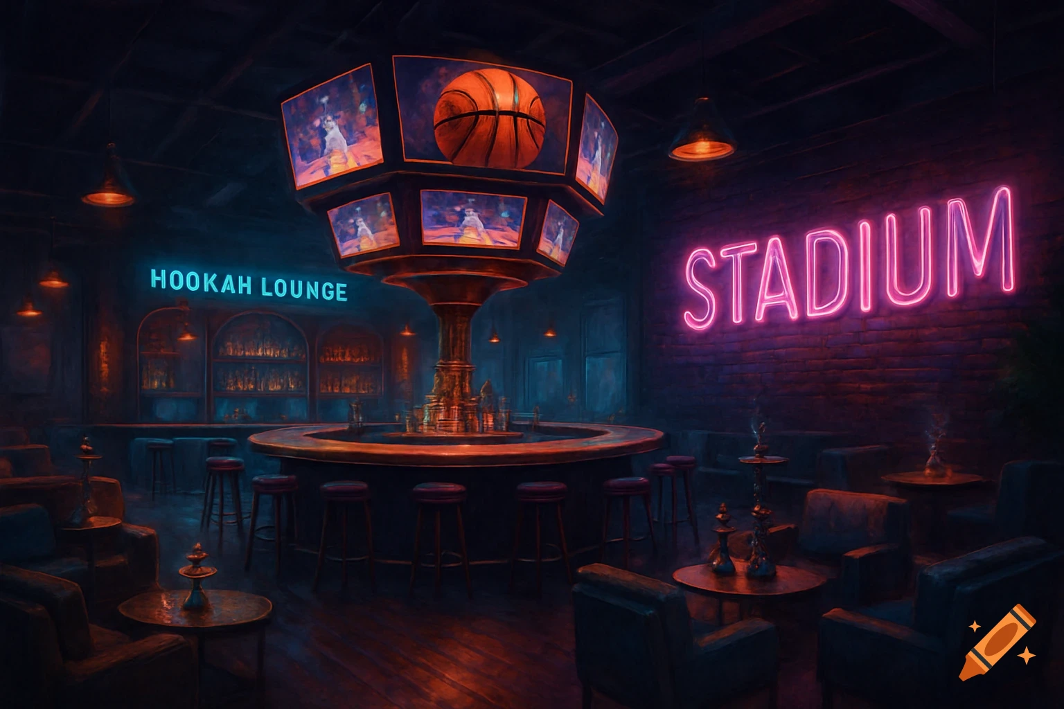 A dark, atmospheric hookah lounge and sports bar with neon signs, a circular bar, a basketball jumbotron, and lounge seating.