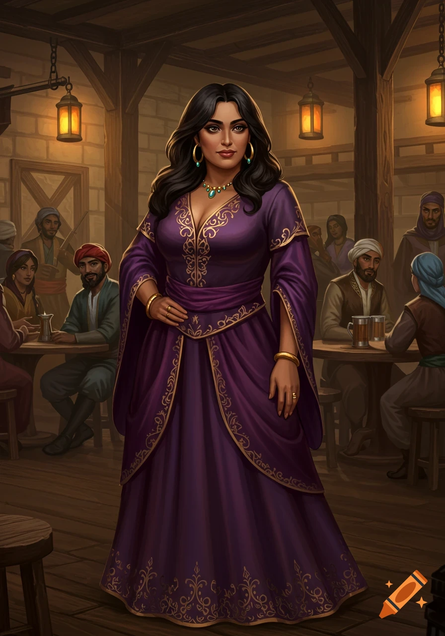 A female sorcerer with dark hair and a purple ornate dress stands in a dimly lit fantasy tavern with other patrons.