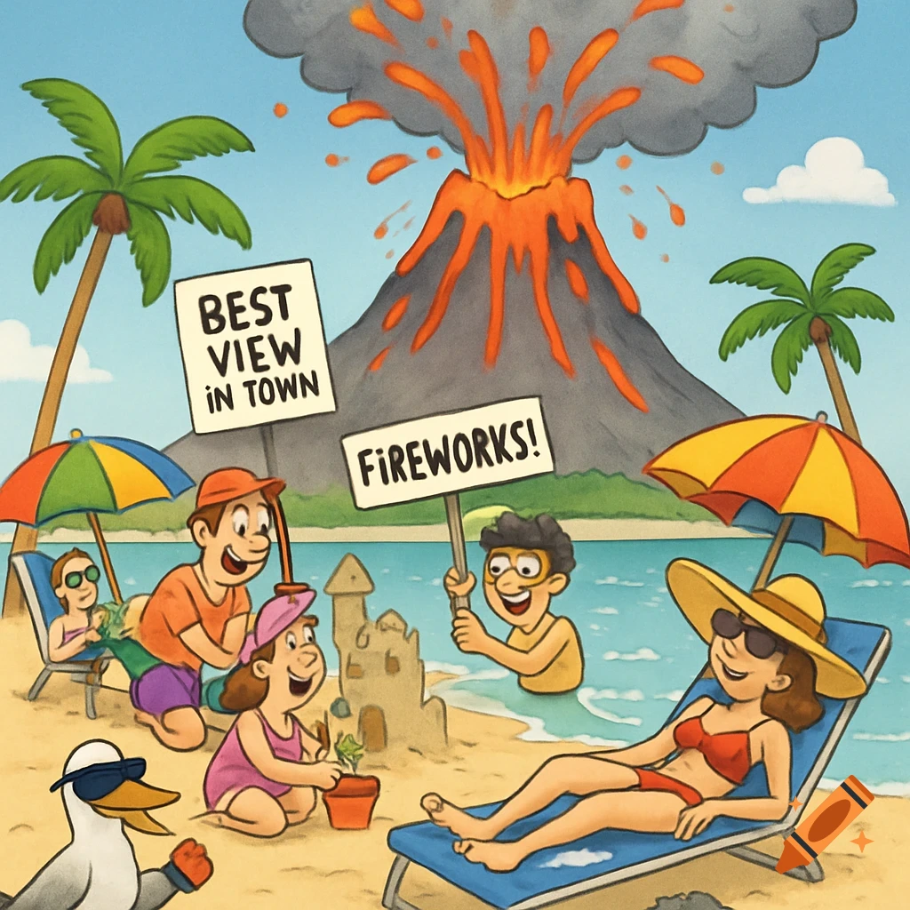 Humorous cartoon of tourists on a tropical beach with an erupting volcano in the background. People relax, build sandcastles, and hold signs.