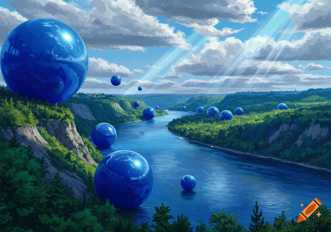 Digital painting of a river valley with green hills, cliffs, and numerous large shiny blue spheres.