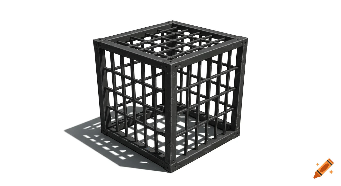 A photorealistic black metal cage with a grid pattern, casting a shadow on a white background.
