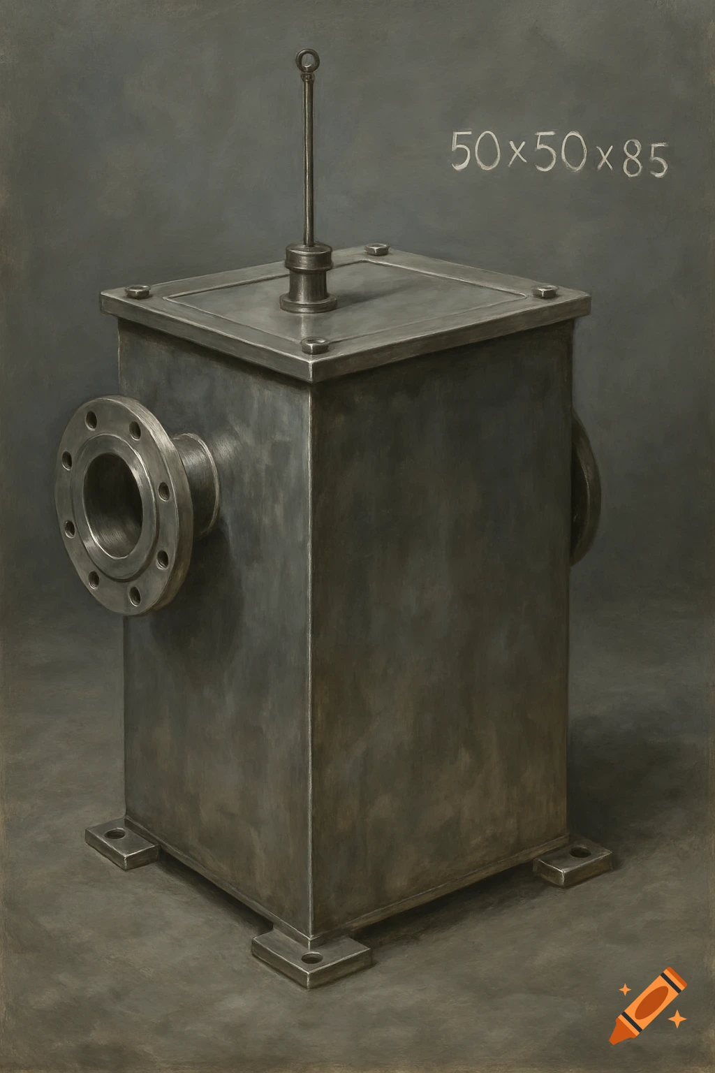 A dark gray metal box with a flanged pipe on the left side and a dipstick on top, set against a dark background, with "50x50x85" written above.