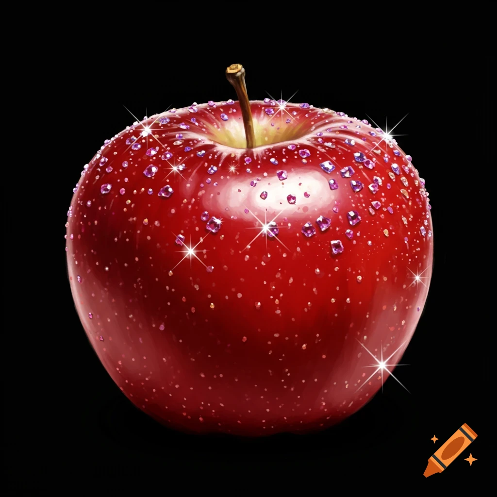 A vibrant red apple covered in shimmering pink and purple crystals, with prominent star-shaped sparkles, against a solid black background.
