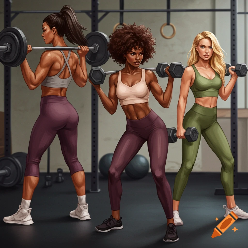Digital illustration of three women weightlifting in a gym.