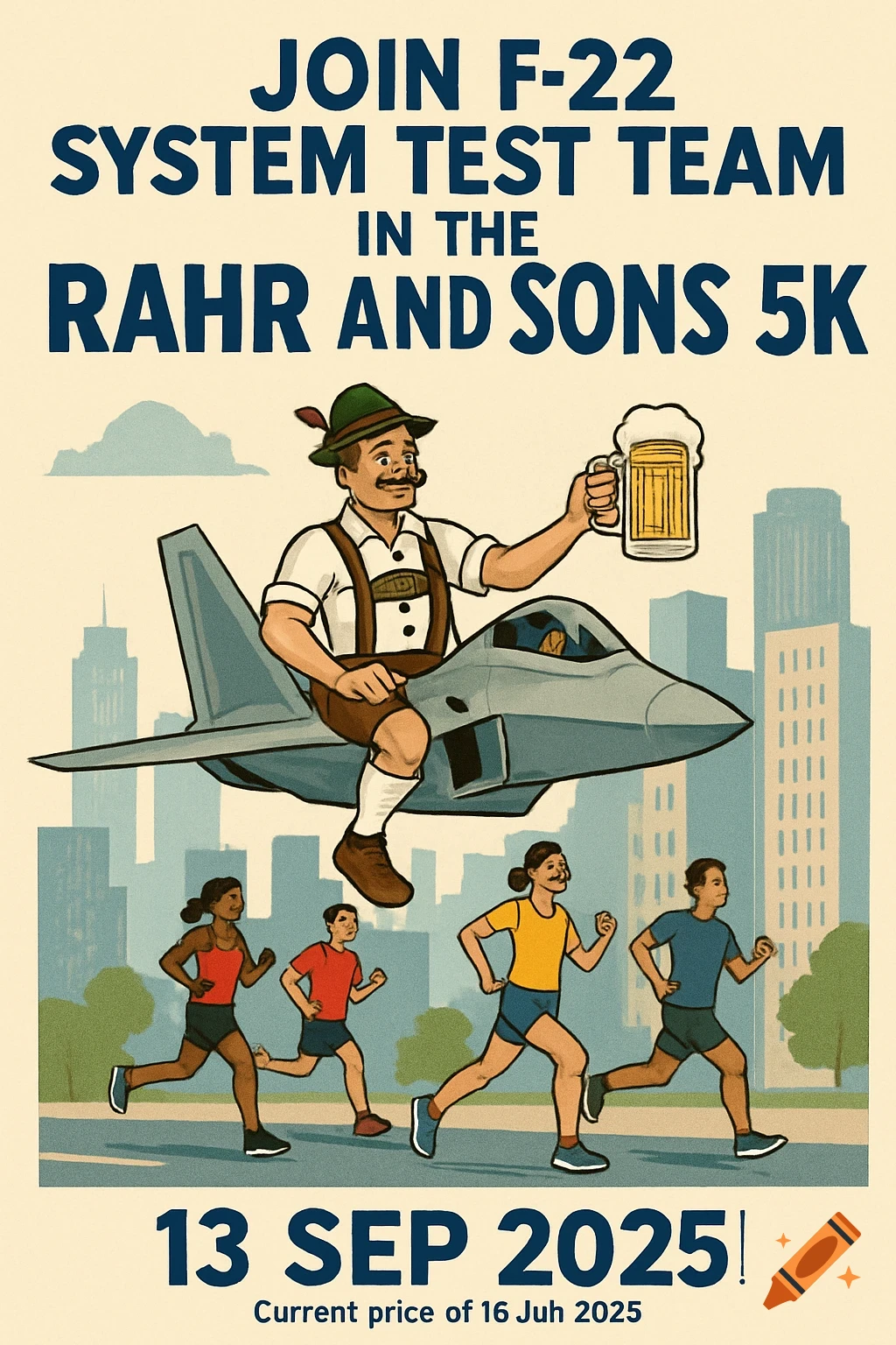 A retro-style flyer for a 5K race, showing a man in lederhosen holding a beer and riding an F-22 jet above runners in a city. Text: JOIN F-22 SYSTEM TEST TEAM IN THE RAHR AND SONS 5K 13 SEP 2025!