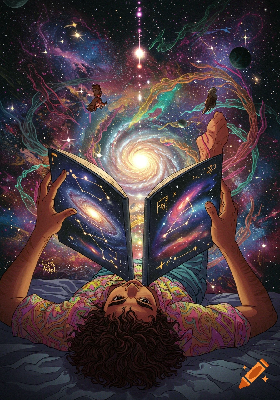 Person lying down reading a book with cosmic and galaxy images on the pages, surrounded by swirling nebulae and stars.