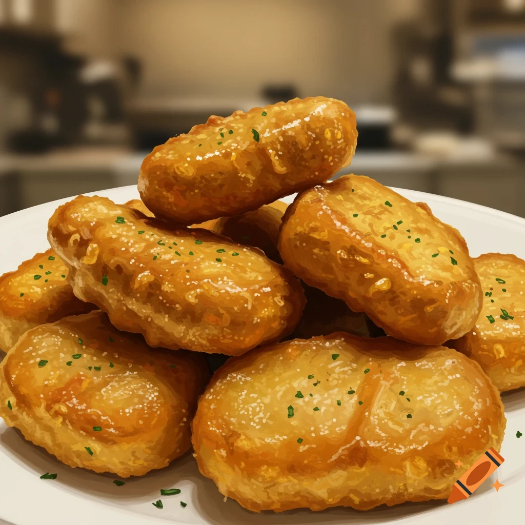 A pile of golden-brown chicken nuggets seasoned with salt and herbs on a white plate, with a blurred kitchen background. Stylized.