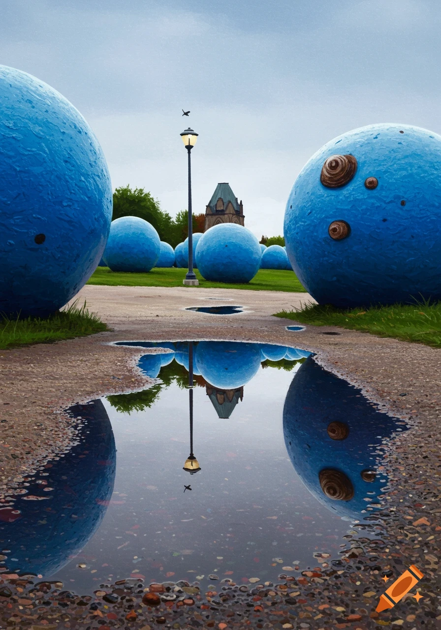 Low-angle view of large blue spheres reflected in a puddle on a path, with a lamppost and building in the background.