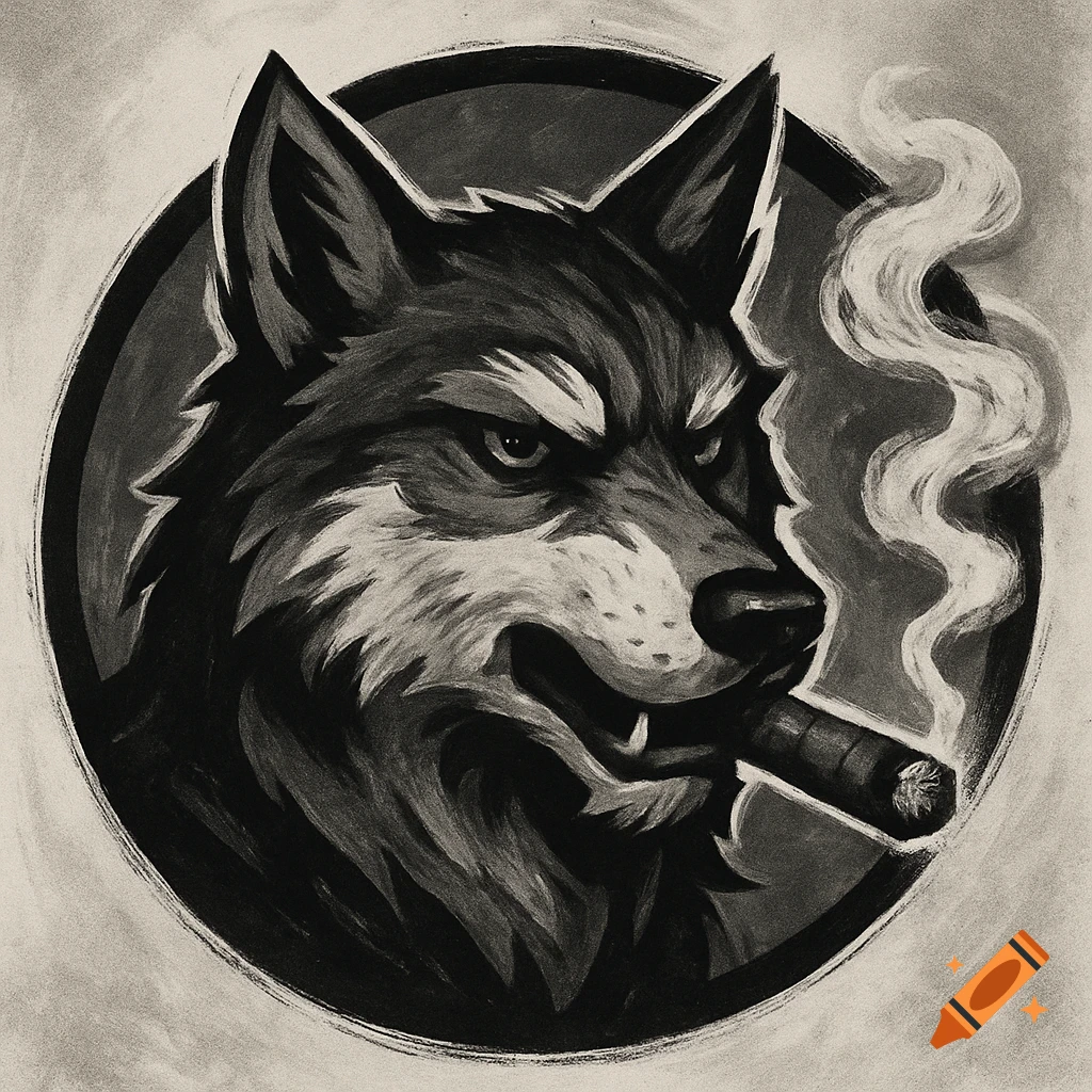 A black and white stylized illustration of a wolf's head smoking a cigar, set within a circle.