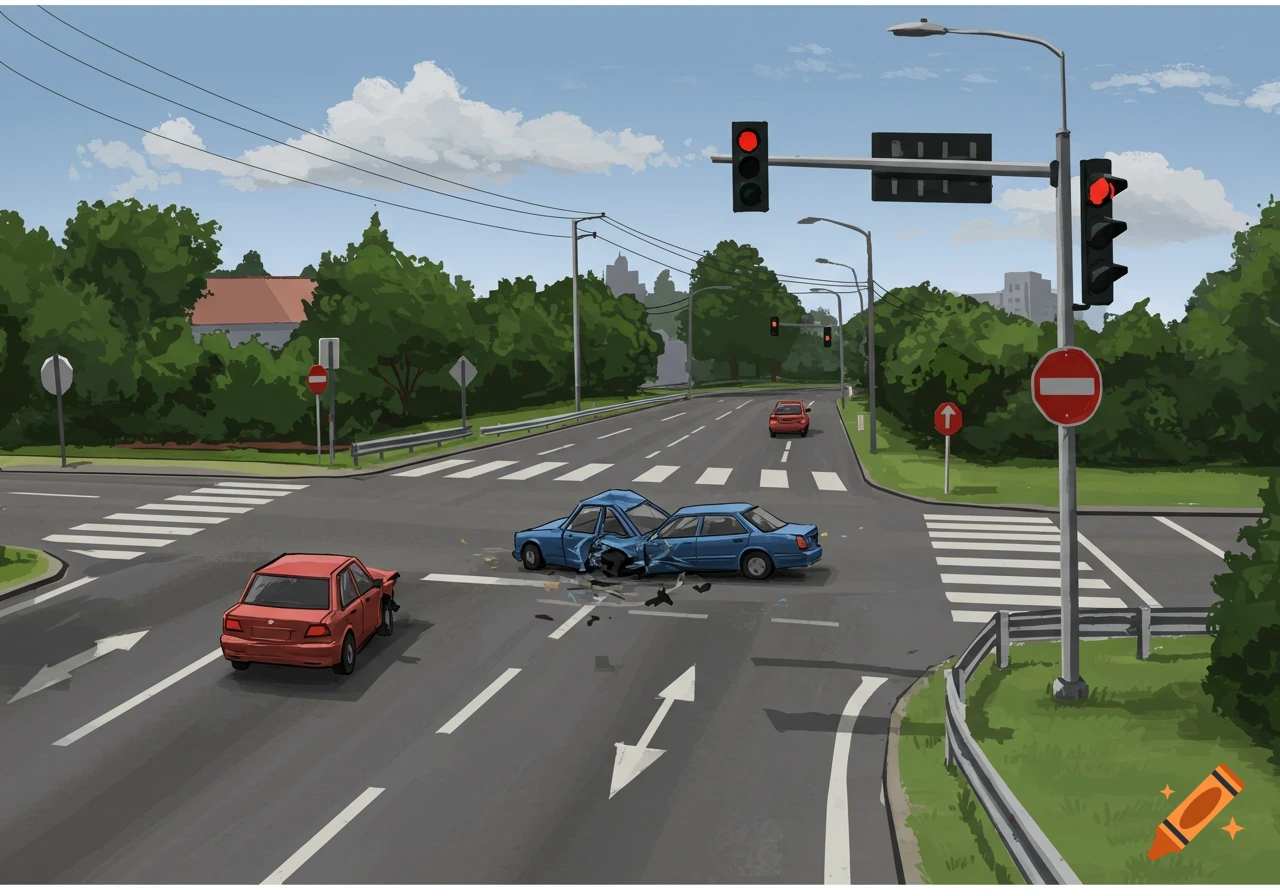 A cartoon illustration of a car accident at an intersection with two damaged cars, traffic lights, and road signs.