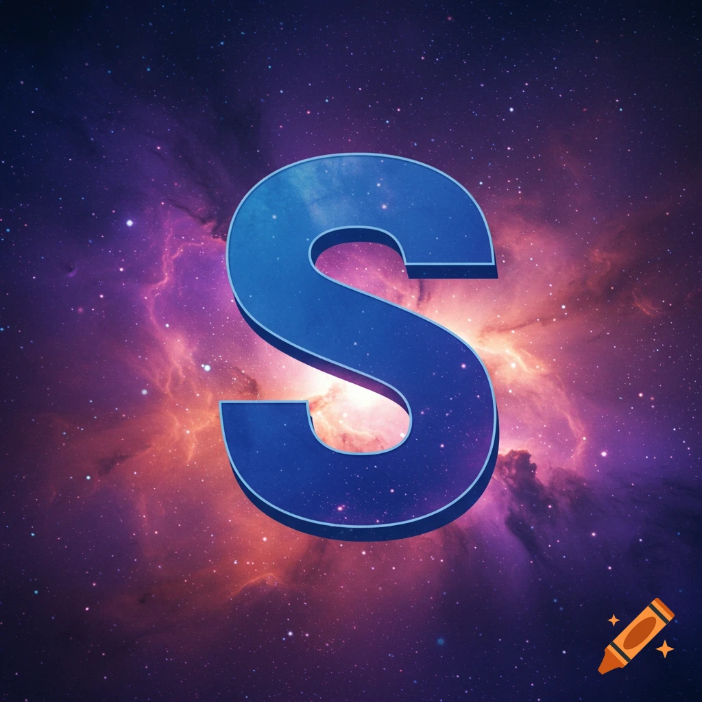 A blue 3D letter S against a cosmic space background