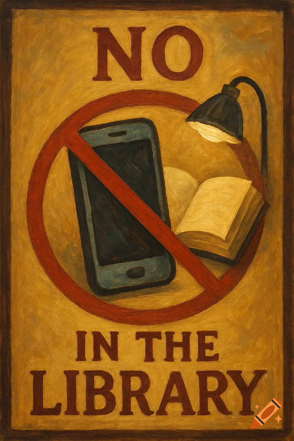 Vintage-style painterly poster showing a red 'no' symbol over a mobile phone and an open book, with text 'NO IN THE LIBRARY'.