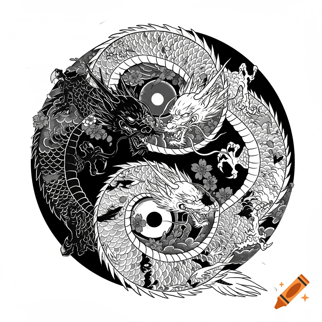 Yin-yang symbol formed by black and white dragons in traditional Japanese tattoo style.