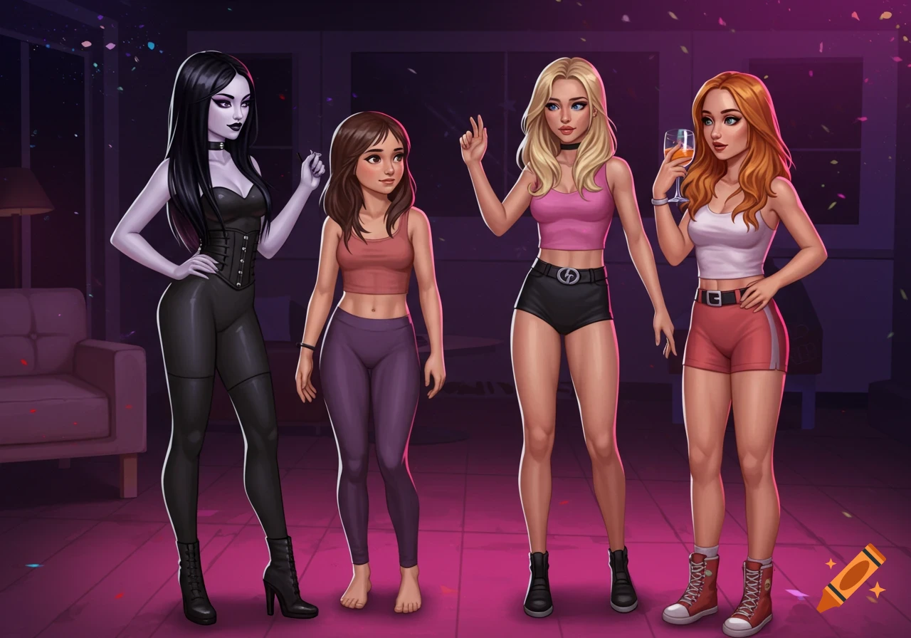Four stylized girls in party clothes standing in a room at a party.
