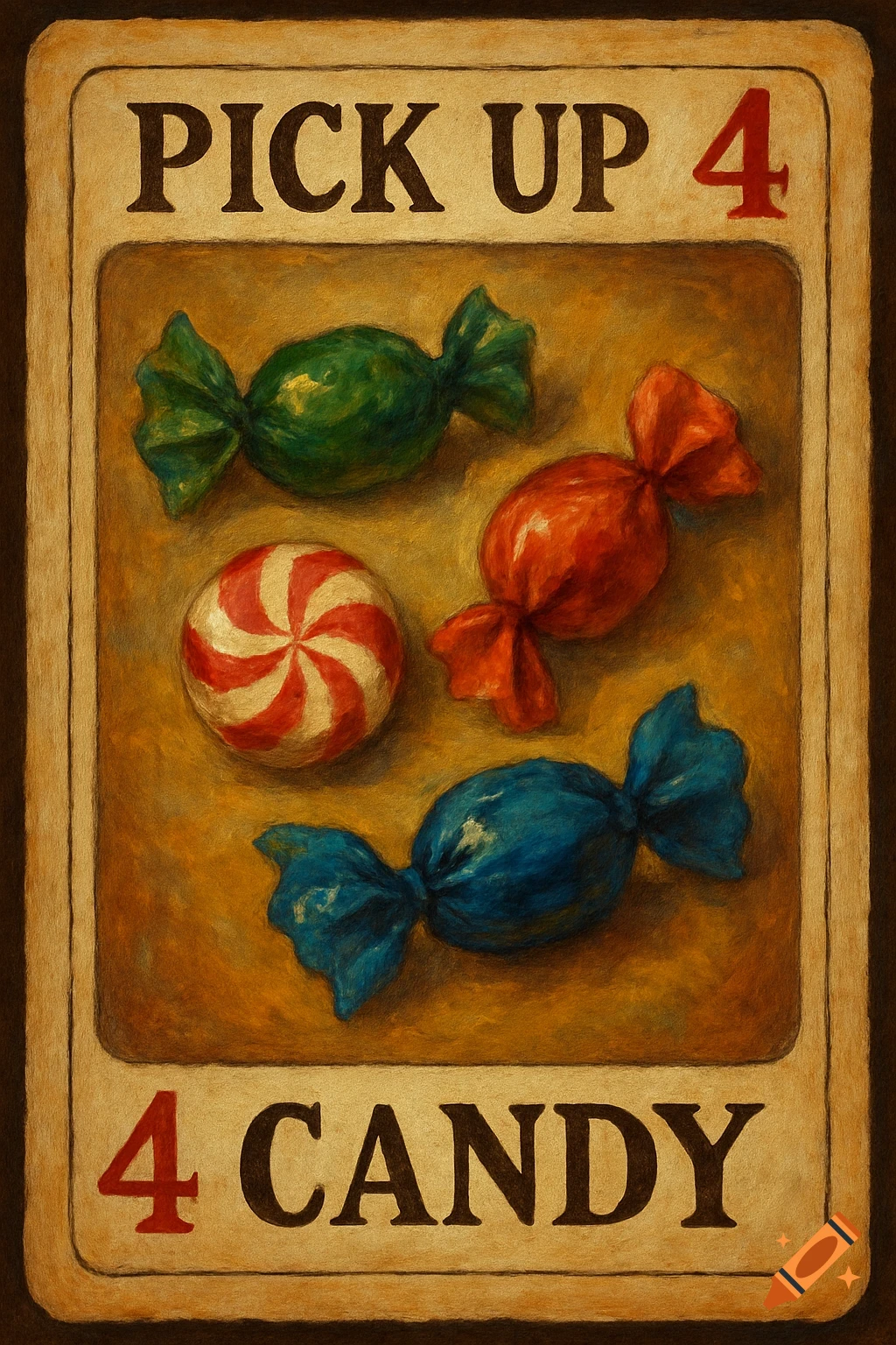An old-fashioned playing card with 'PICK UP 4' and '4 CANDY' text, featuring four wrapped candies and a round peppermint in a painterly style.