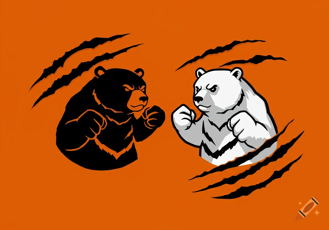 Stylized graphic of a black bear and a white bear in a fighting stance surrounded by claw marks on an orange background.