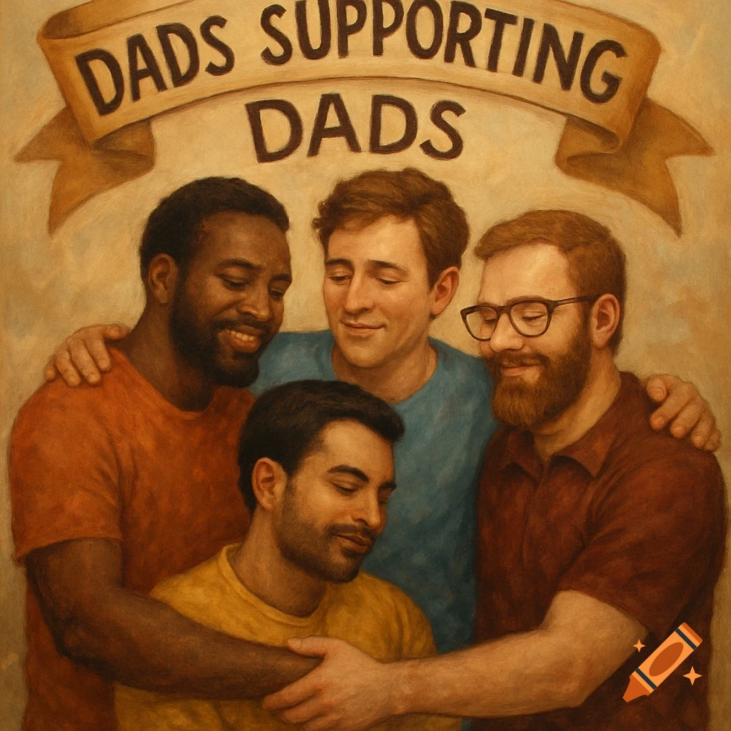 An oil painting of four diverse men embracing, with a banner above reading 'DADS SUPPORTING DADS'.