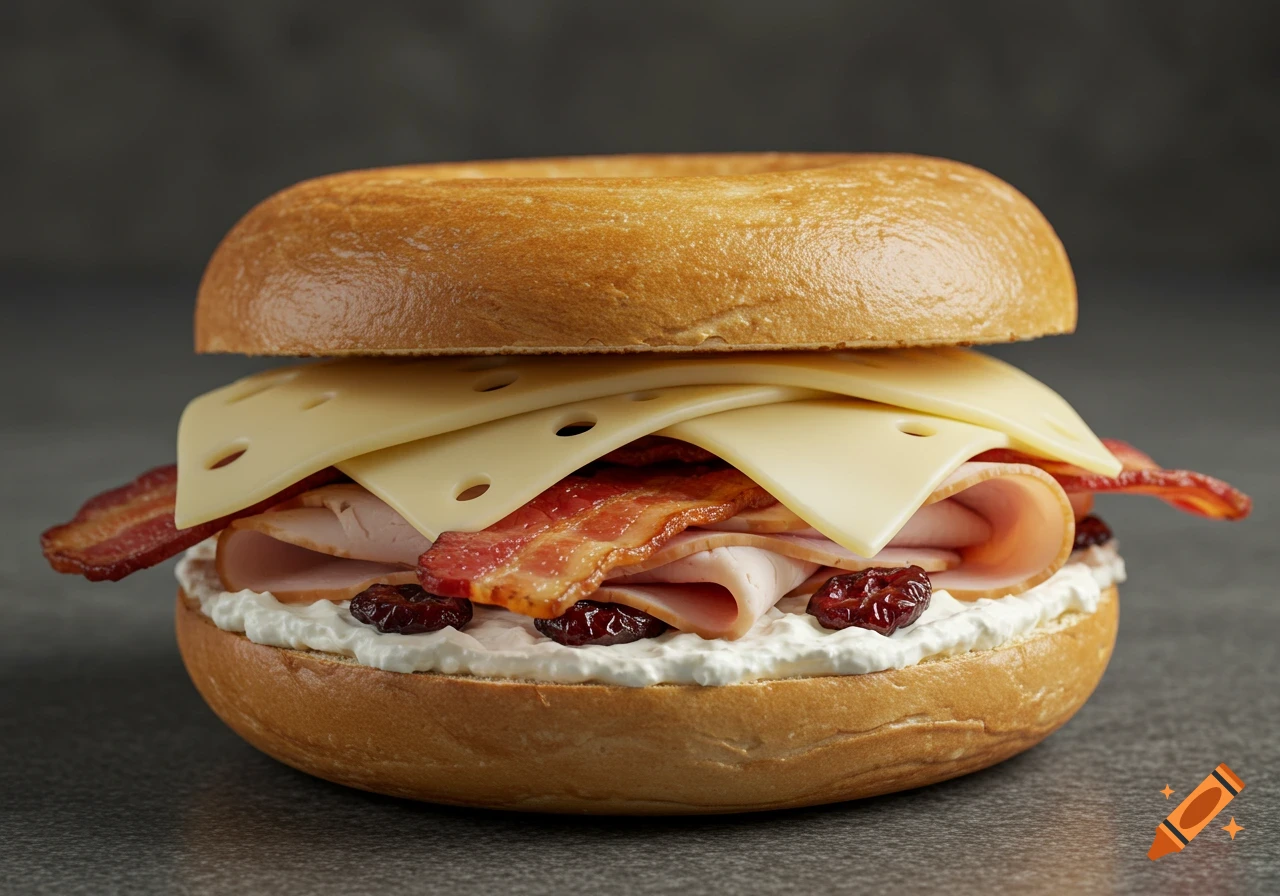 Toasted plain bagel sandwich with cream cheese, turkey, cranberry, crispy bacon, and melted swiss cheese on a kitchen counter.