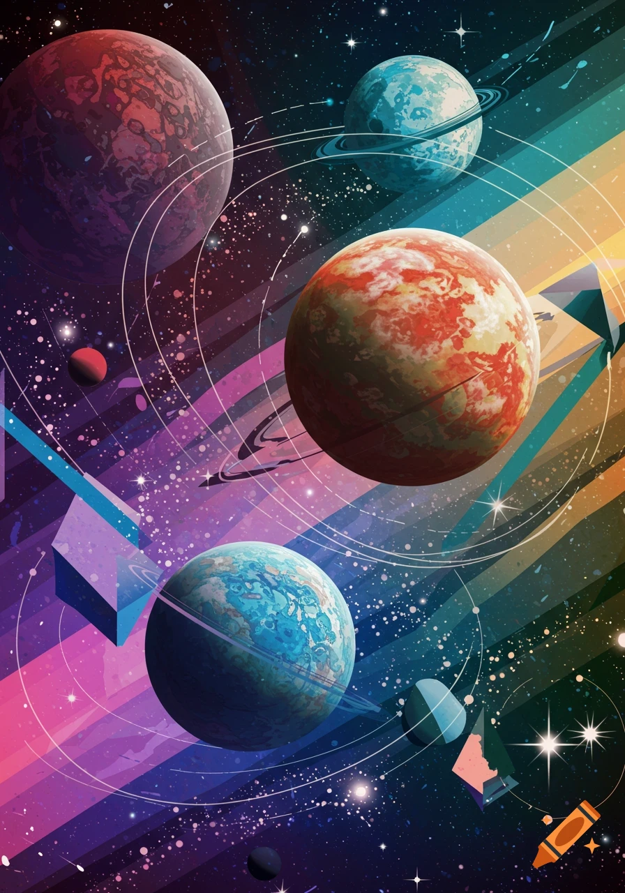 Vibrant space illustration with colorful planets, rings, stars, geometric shapes, and a rainbow gradient background.