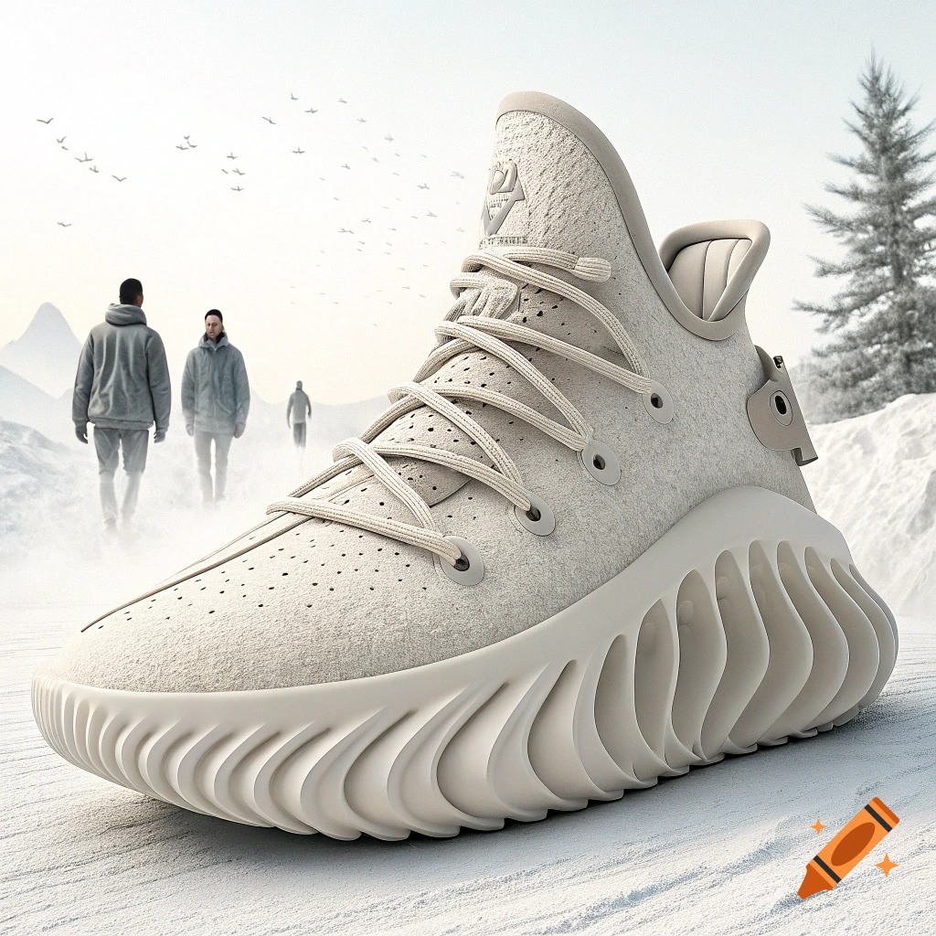 A photorealistic beige futuristic shoe sits in a snowy landscape with distant people and mountains.