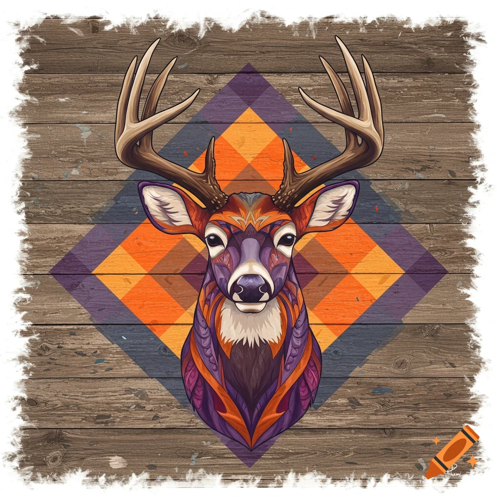 A colorful, stylized deer head with large antlers, depicted in a geometric, folk art style against a wooden plank background with a diamond pattern.