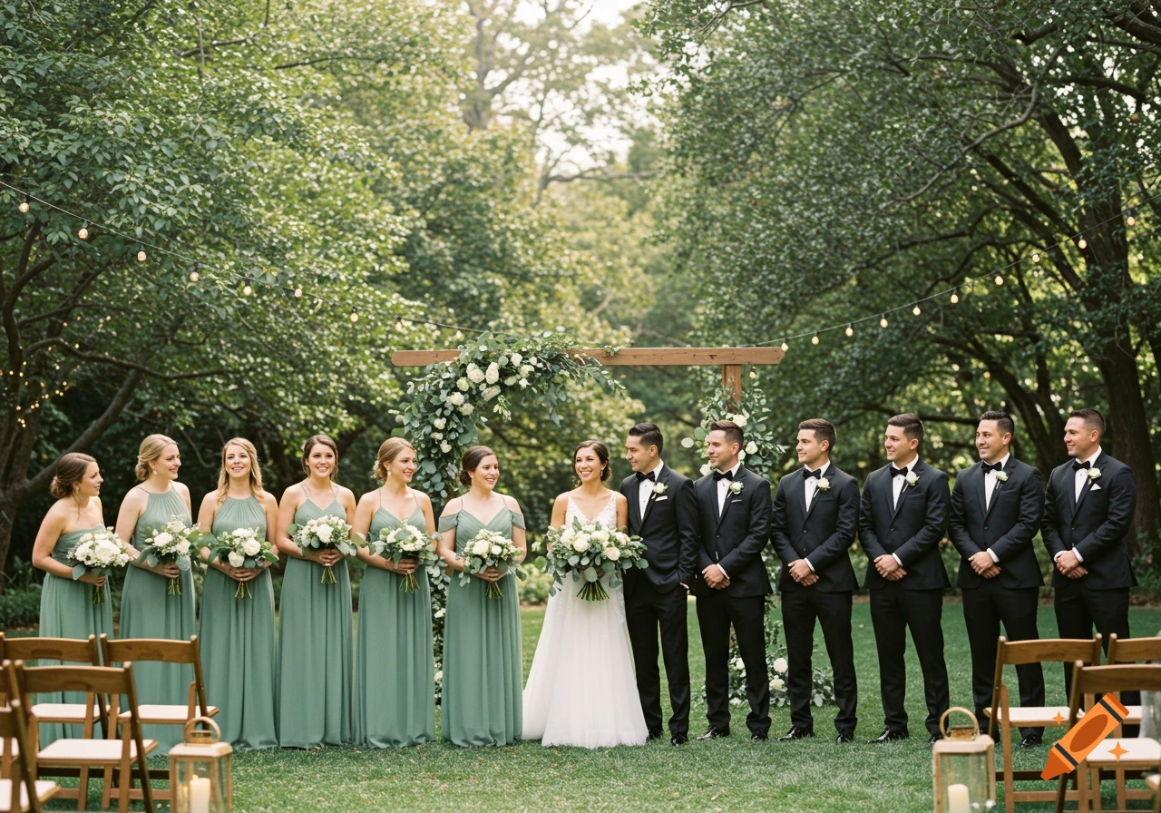 A wedding party stands together outdoors in a garden setting, with  bridesmaids in eucalyptus green dresses and groomsmen in black tuxedos. on  Craiyon