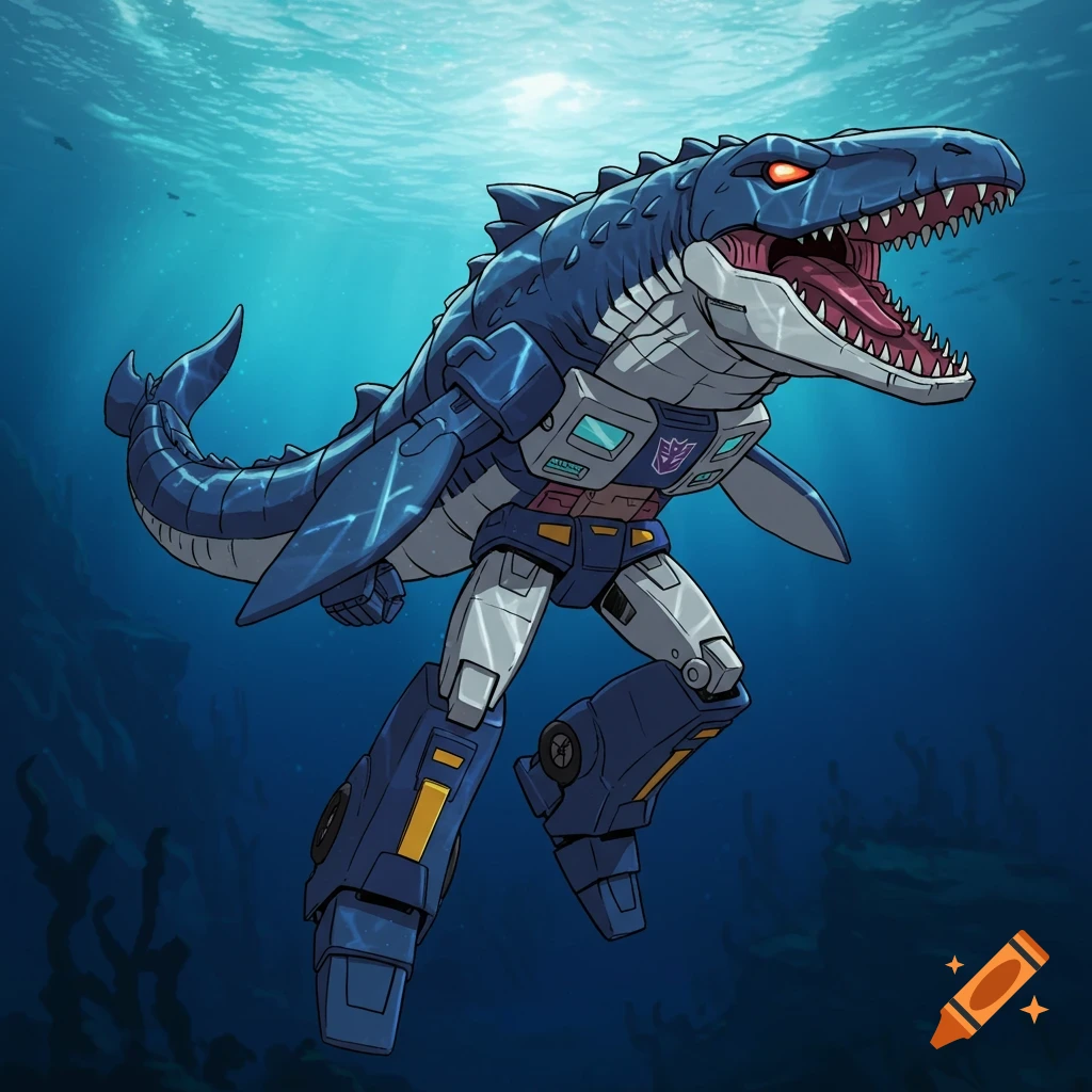 G1 Transformers style drawing of a mosasaurus robot swimming underwater.