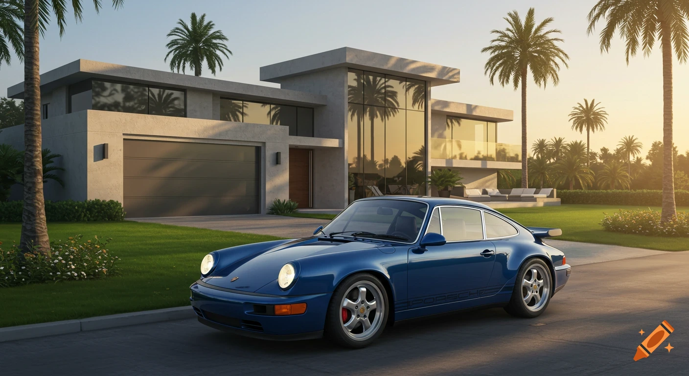 A blue Porsche 911 parked on a driveway in front of a modern luxury house with palm trees at sunset.