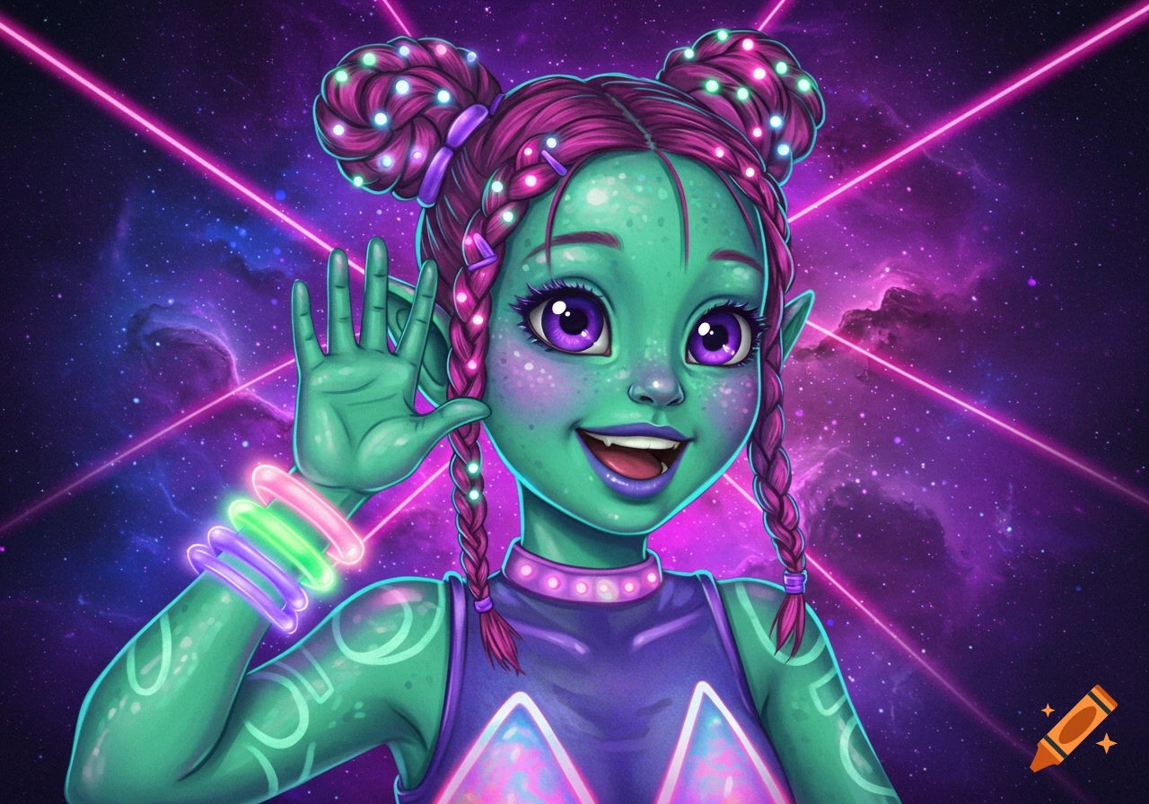Cartoon alien girl with pink hair and green skin wearing a rave outfit and glow sticks, waving in front of a space background.