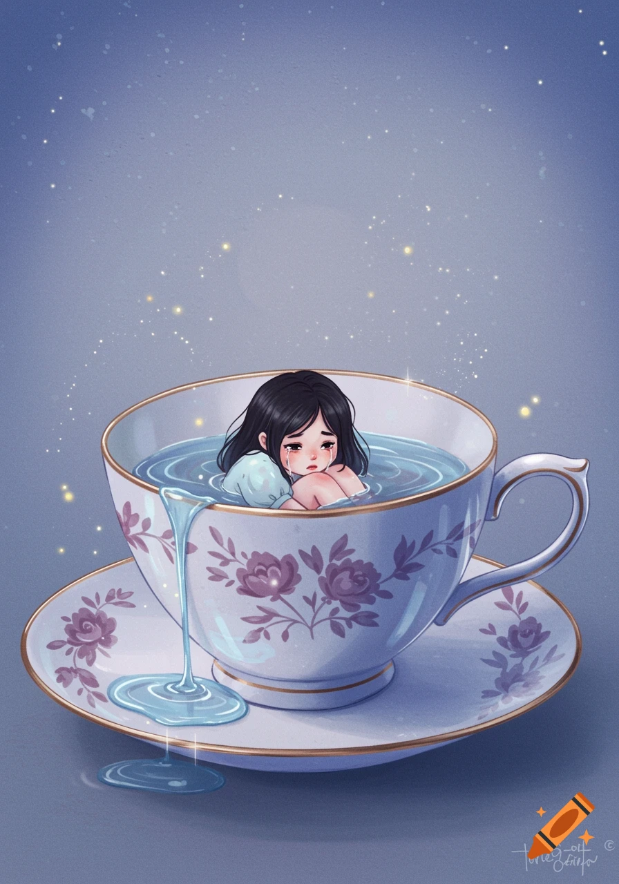 Illustrated crying girl in a teacup overflowing with water, on a saucer with floral patterns.