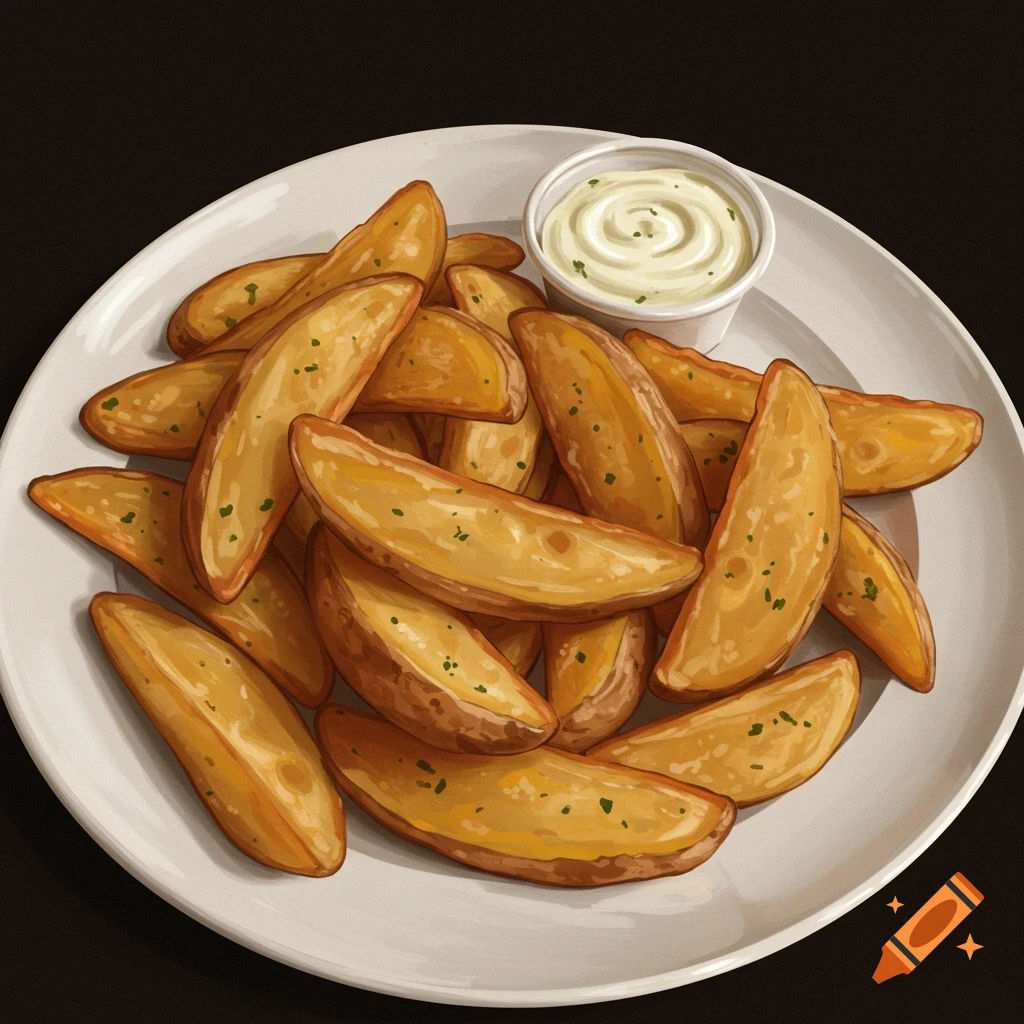 A plate of golden brown potato wedges with green seasoning and a small cup of white dipping sauce, depicted in a digital art style.