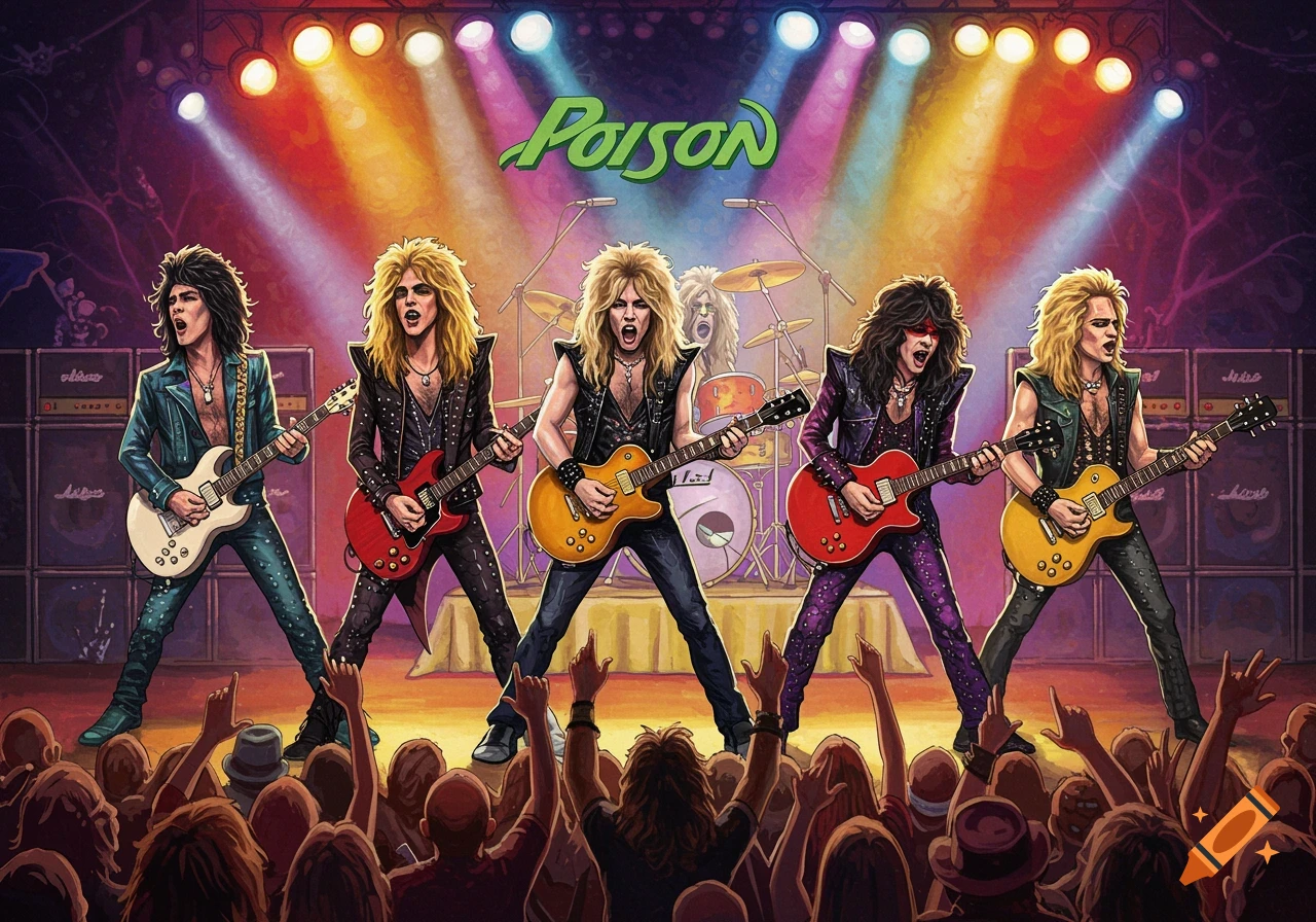 A glam rock band named Poison performs on a brightly lit stage in front of a cheering crowd, in a colorful illustrative style.