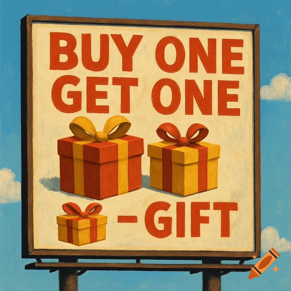 A painted billboard says 'Buy One Get One - Gift' next to images of gift boxes.
