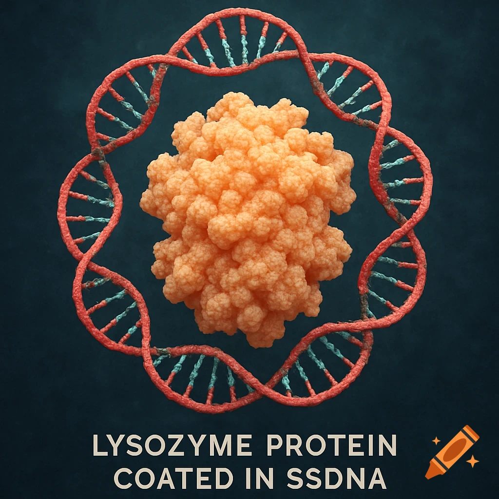 A 3D scientific rendering of an orange lysozyme protein surrounded by a red ssDNA helix.