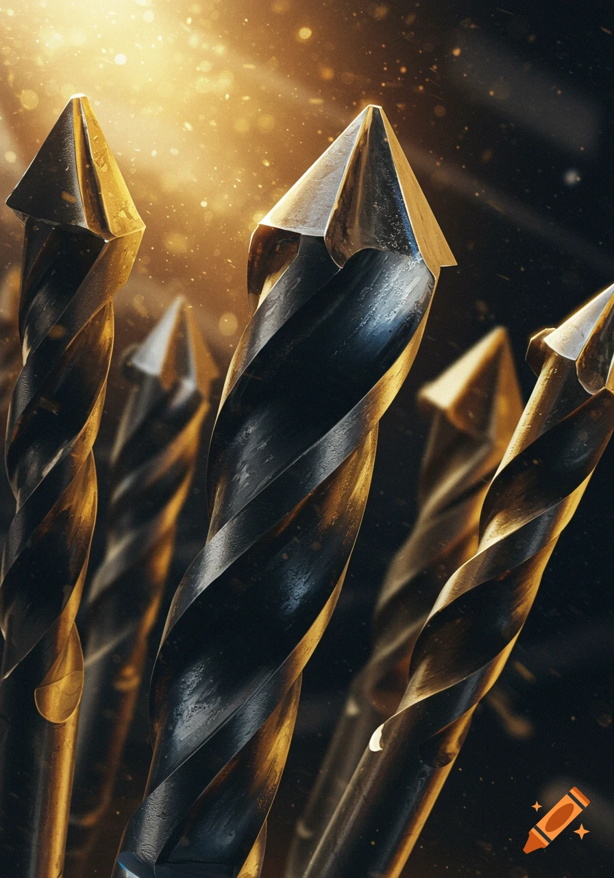 Close-up of golden and black drill bits with sparkling light against a dark background.