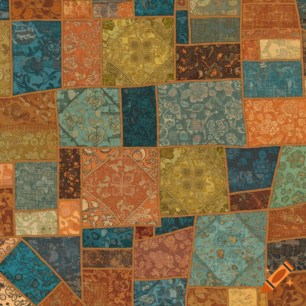 A vibrant patchwork quilt pattern with various floral and abstract designs in shades of teal, orange, brown, and gold.