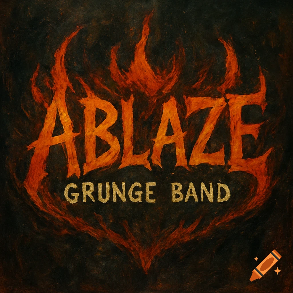 Grunge band logo with the word 'ABLAZE' in fiery orange letters, above 'GRUNGE BAND' in gold, all against a dark textured background.
