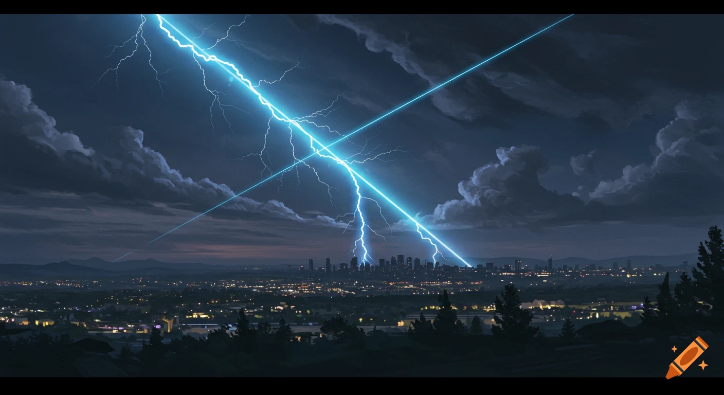 A dramatic nighttime cityscape with a vibrant blue lightning bolt striking the skyline, crossed by two parallel light beams in a dark, cloudy sky.