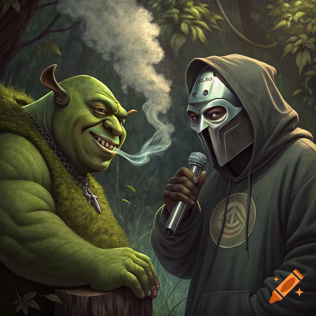 Shrek exhales smoke while standing next to MF Doom, who holds a microphone, in a lush green forest.
