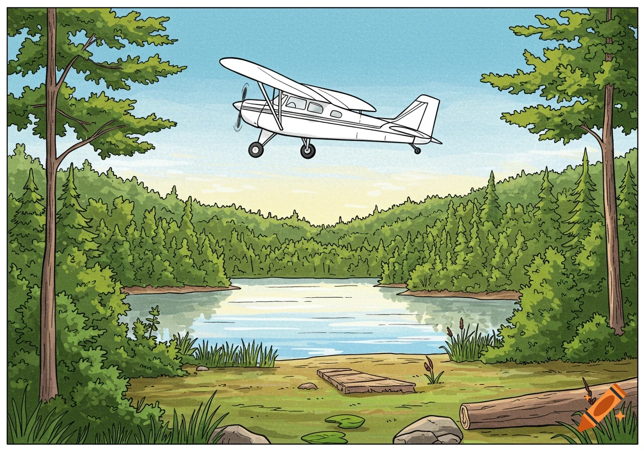 A cartoon coloring page of a small plane flying over a serene lake surrounded by a dense green forest.