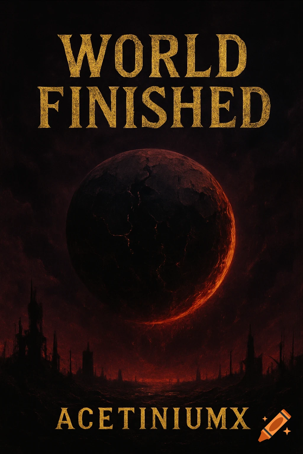 A dark album cover features a cracked, glowing red and black planet over a ruined cityscape, with 'WORLD FINISHED' and 'ACETINIUMX' in gold text.