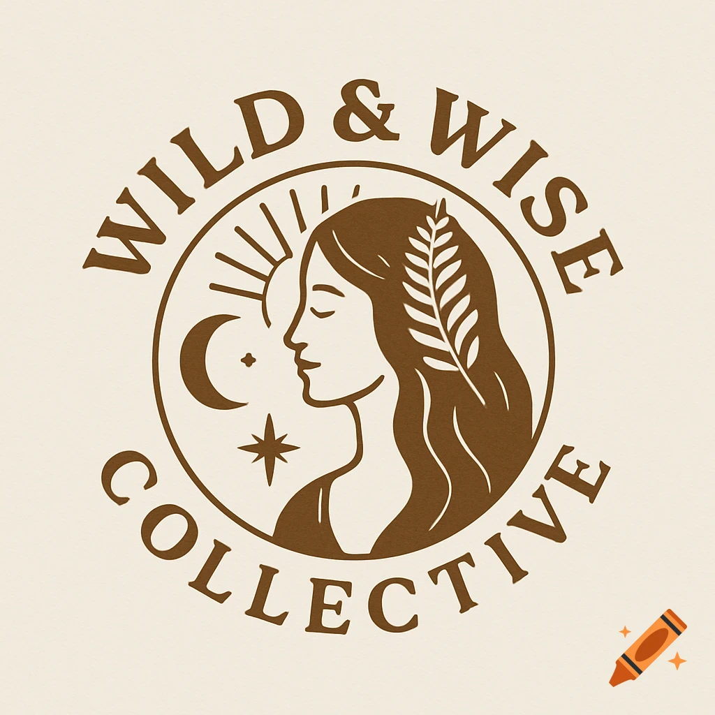 A brown minimalist logo featuring a woman's profile with a leaf in her hair, moon, star, sun rays, and the text 'WILD & WISE COLLECTIVE'.