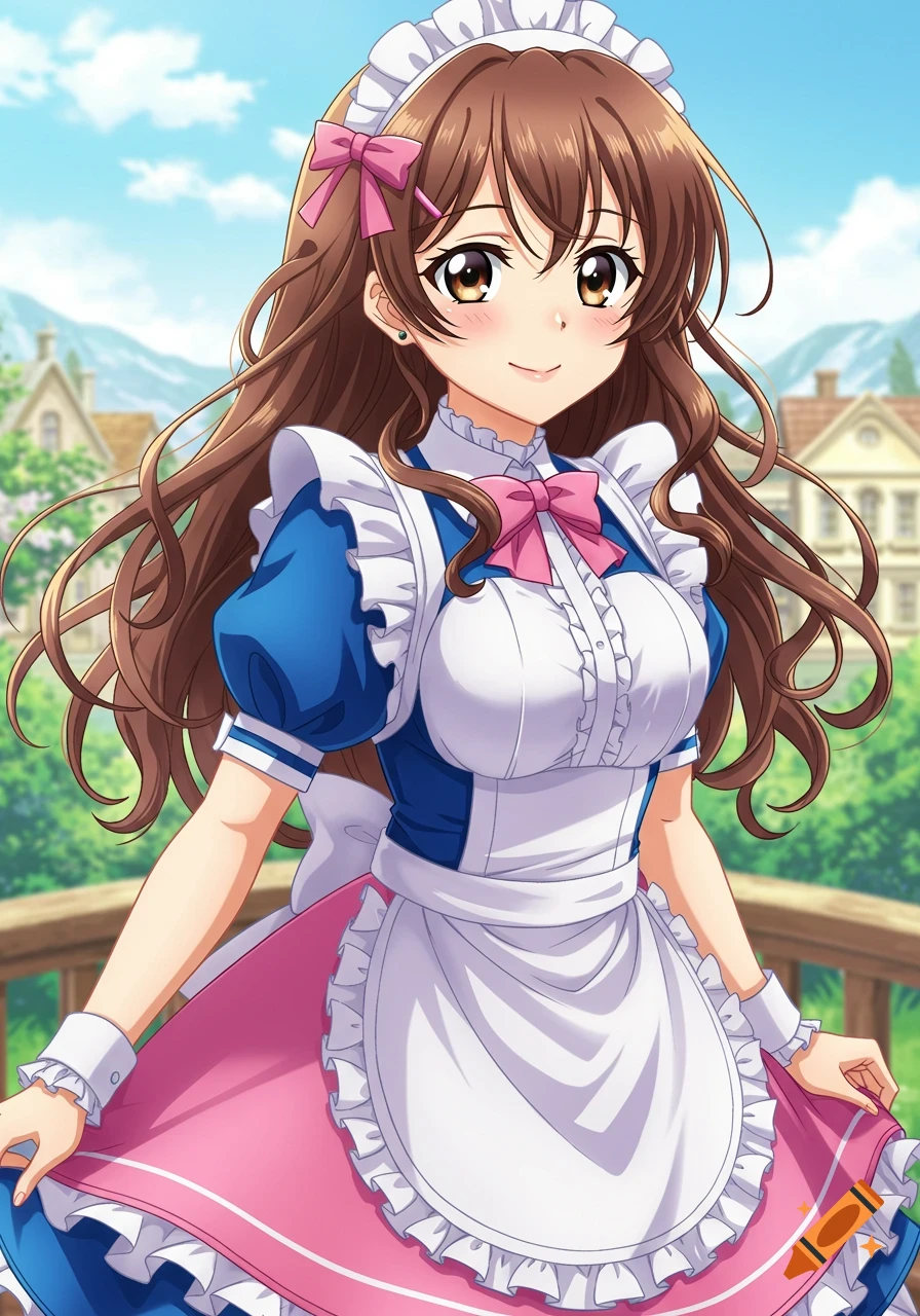 An anime girl with long brown hair, wearing a blue and pink maid outfit, smiles while standing on a wooden balcony with houses and mountains in the background.