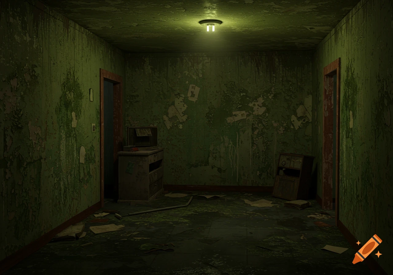 A dark, dilapidated room with peeling green paint, a dirty floor covered in debris, and decaying furniture, lit by a single overhead light.