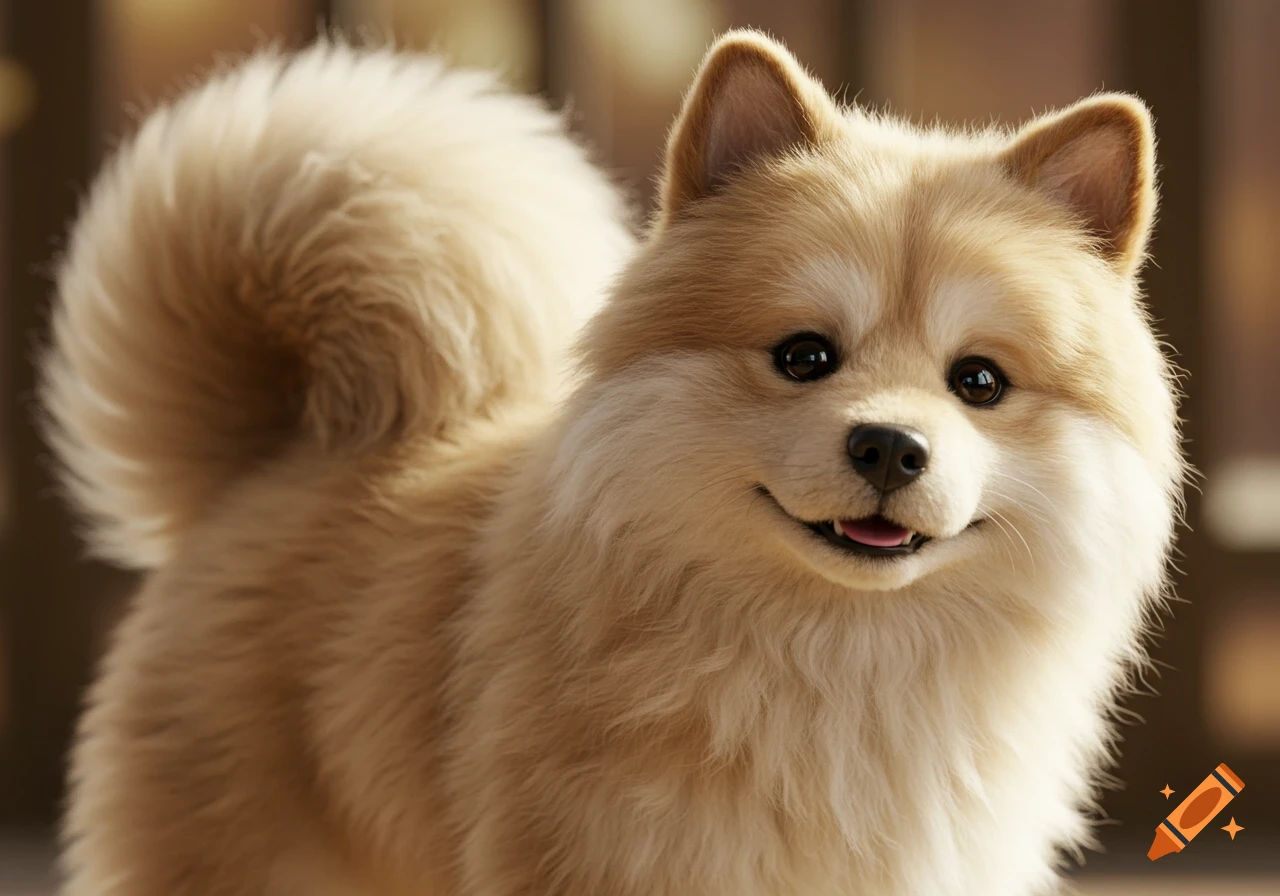 Close-up of a fluffy light brown dog with a curly tail smiling at the camera.