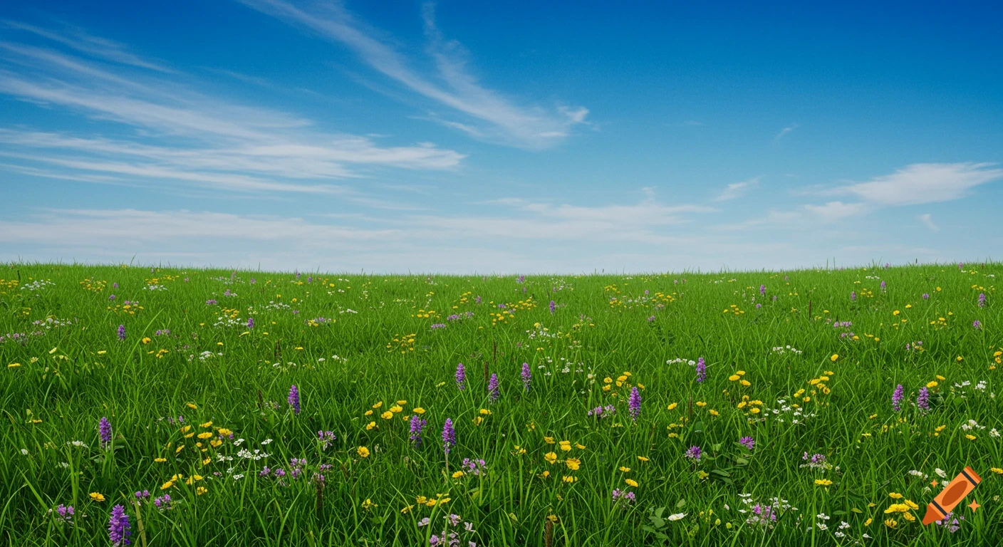 A vibrant green meadow filled with yellow, purple, and white wildflowers under a clear blue sky with wispy clouds, photorealistic.