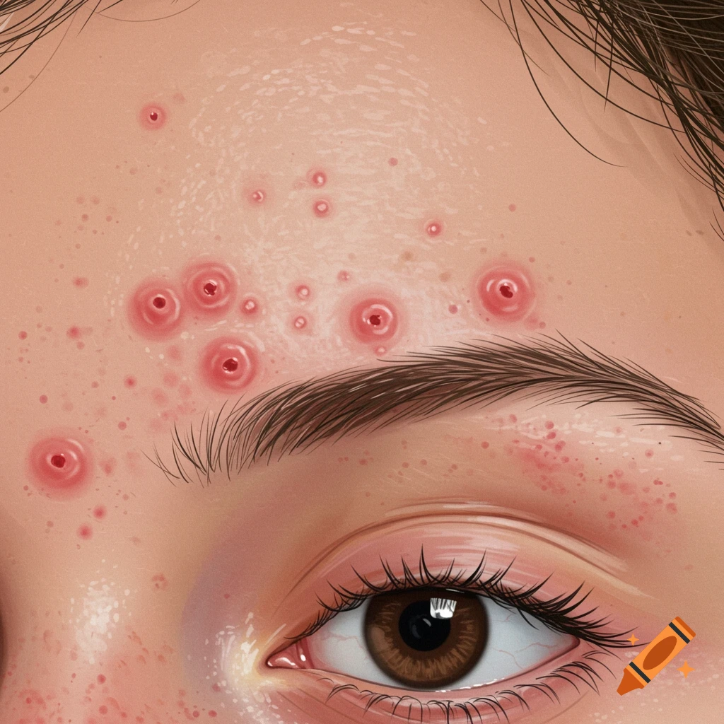 Close-up illustration of a person's forehead and eye showing acne breakouts