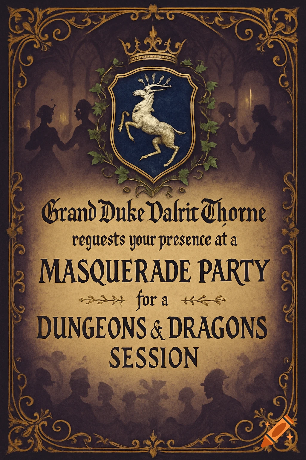 An elegant fantasy medieval invitation with a coat of arms featuring a stag and text.